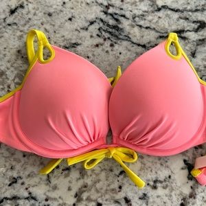 Push up bikini; add a cup in size; 34D; underwire; coral and yellow